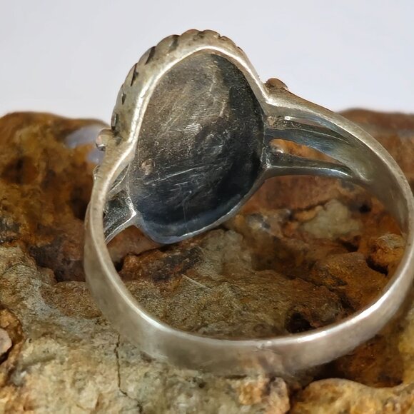 VTG CW Sterling Silver Oval Turquoise Ring Size 7 Rope Detail Split Shank Read - Picture 6 of 8